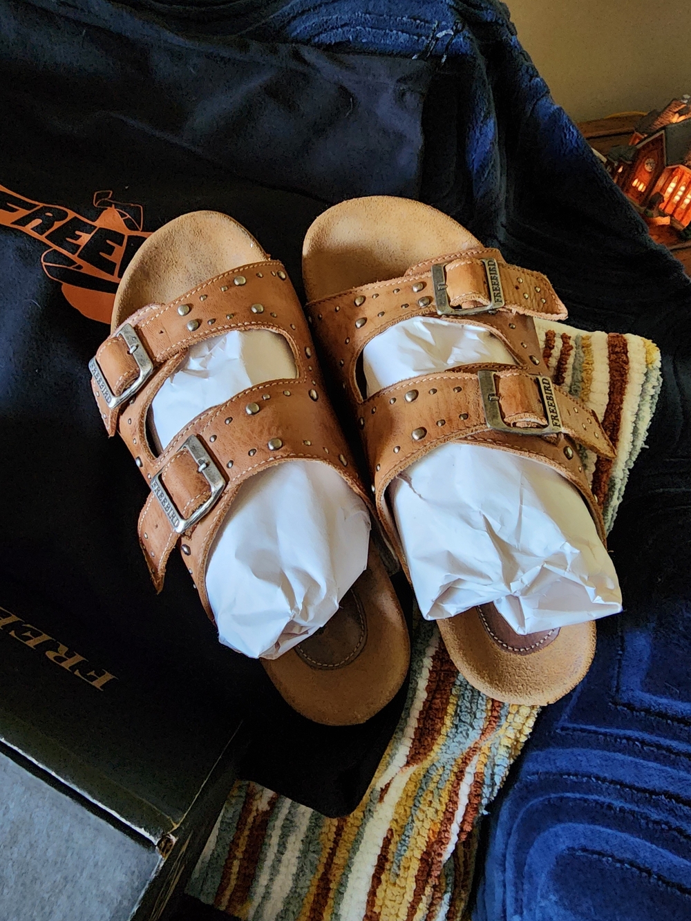 Freebird by Steven Cognac Leather Studded Double-Buckle Slide Sandals